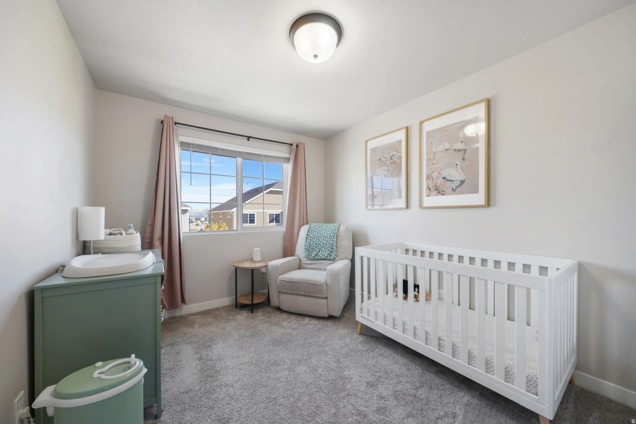 Neutral wall color with a window, recessed lighting, and carpeted flooring