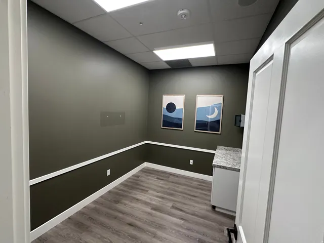 Wood-finish flooring, accent wall with chair rail molding, built-in cabinet with speckled countertop, and recessed lighting