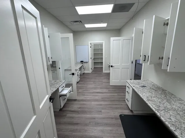 Wood-finish flooring, white paneled doors, built-in white cabinetry, light-toned countertops, and recessed ceiling lighting