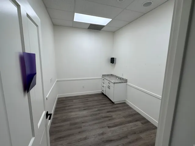 Wood-finish flooring, white cabinetry with silver hardware, speckled countertop, wainscoting, and recessed lighting
