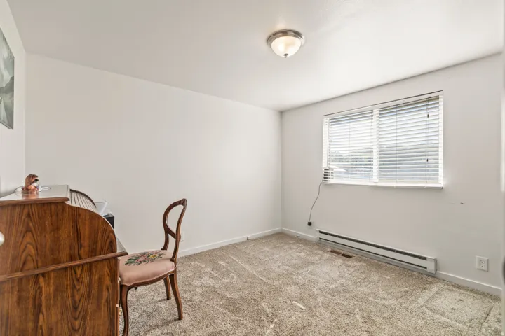 Neutral wall paint throughout, carpet flooring, a single window with blinds, and a flush-mount ceiling light