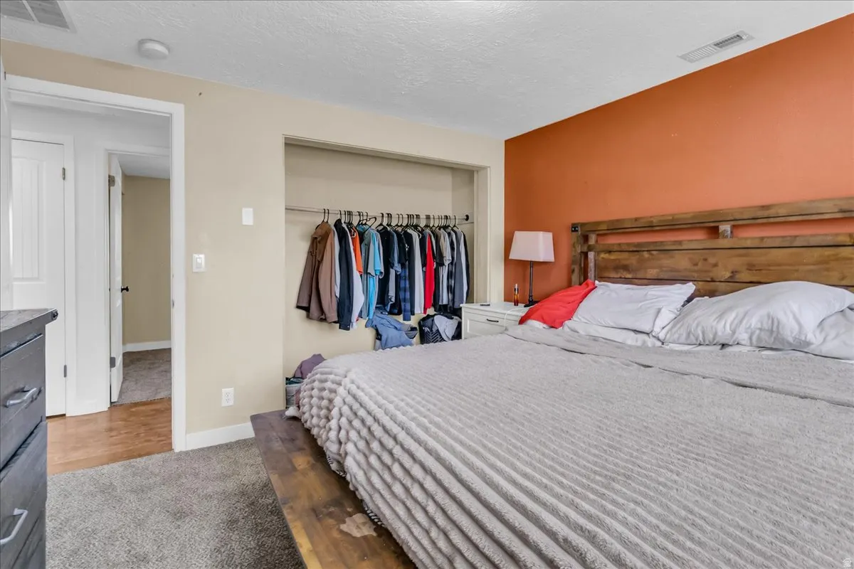 Plush carpeting, warm accent wall, built-in open closet with hanging rod, and a wood-finish headboard