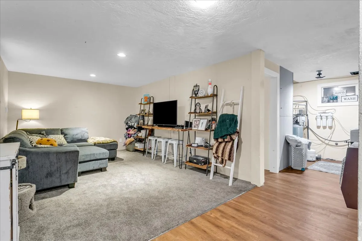Recessed lighting illuminates the space, featuring durable carpeting and wood-finish flooring