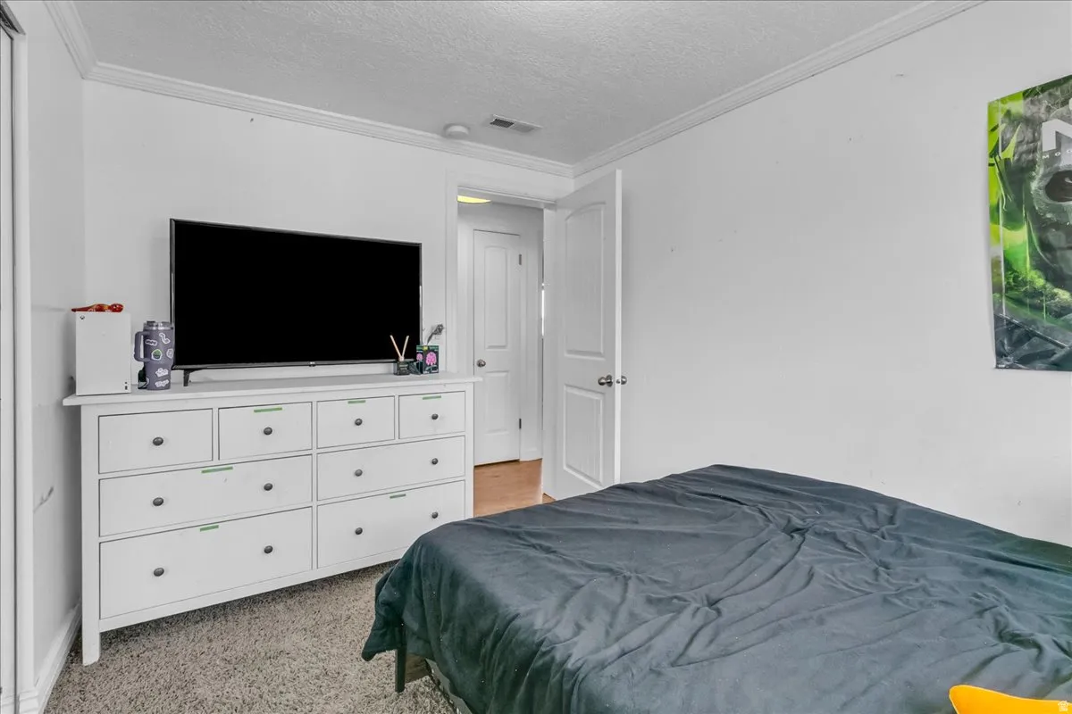 White walls with crown molding, carpeted flooring, and a white interior door