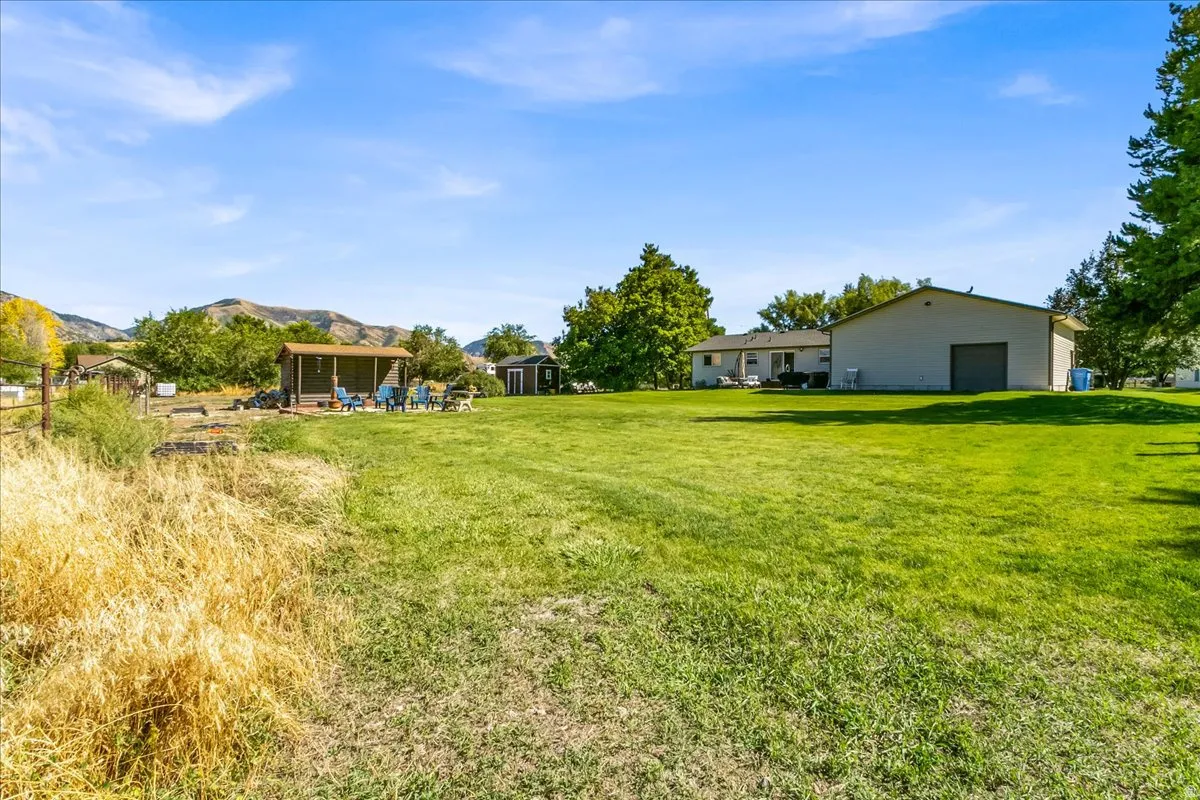 Expansive rear yard with a manicured lawn, a detached shed, and a large outbuilding with a garage door
