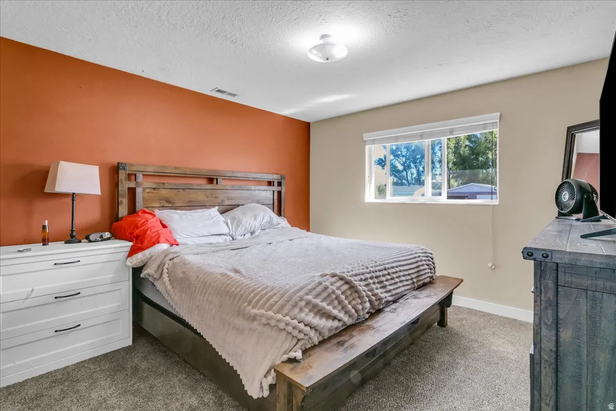 Carpeted flooring, window with blinds, and a permanent ceiling light fixture