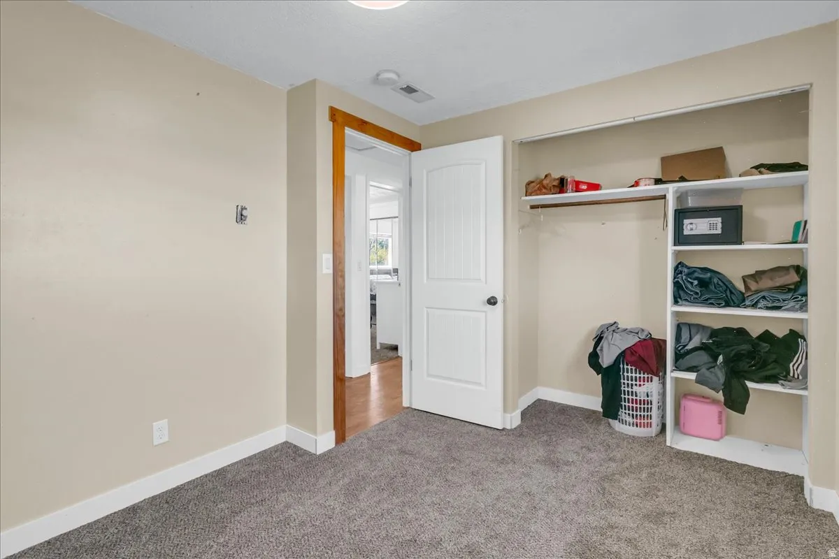 Carpeted room featuring a built-in closet with shelving and hanging rod