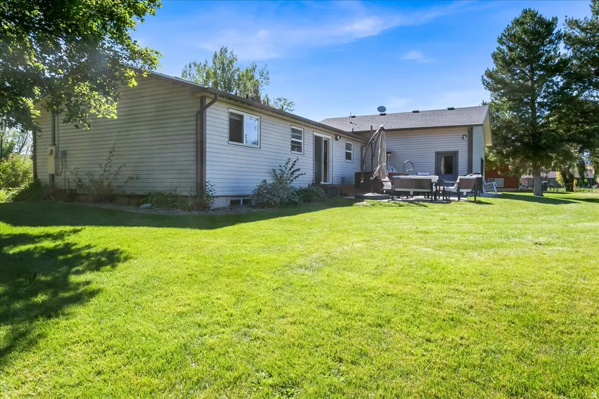 Expansive green lawn with mature trees and a stone patio featuring a built-in grill area