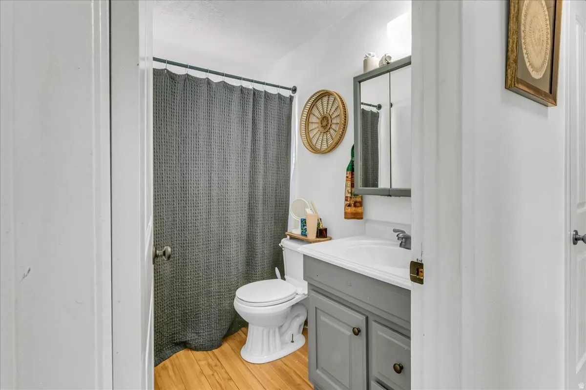 Vanity with integrated sink, wood-finish flooring, and a wall-mounted medicine cabinet
