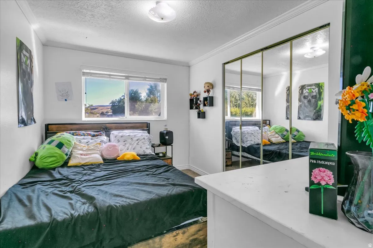 Window with landscape scenery, recessed lighting, mirrored closet doors, and wood-finish flooring