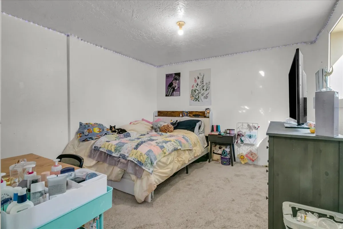 Neutral wall finishes, textured ceiling, wall-to-wall carpeting, and a built-in window