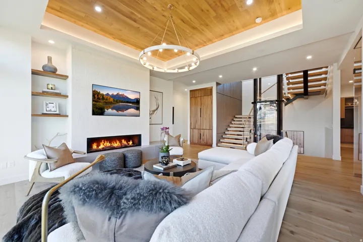 Wood-finish ceiling with recessed lighting