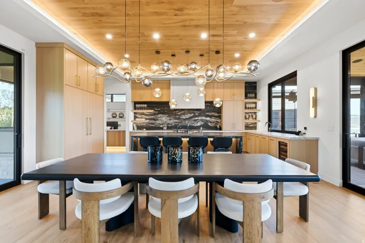 Wood-finish plank ceiling with recessed lighting
