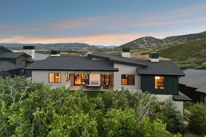 Contemporary architecture with a dark shingle roof and multiple chimneys