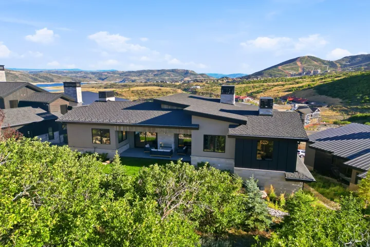 Modern architectural design with a dark shingle roof and multiple chimneys