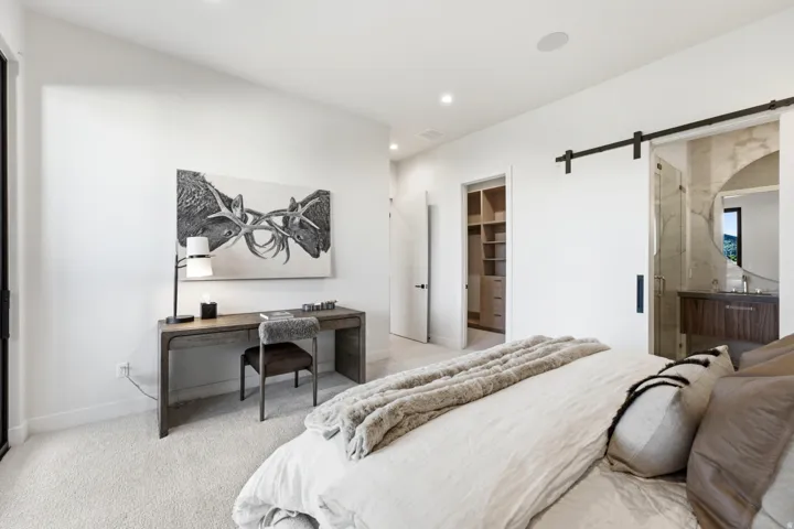 Recessed lighting, light-toned carpet flooring, built-in closet shelving, and a barn door entry to a bathroom featuring a vanity