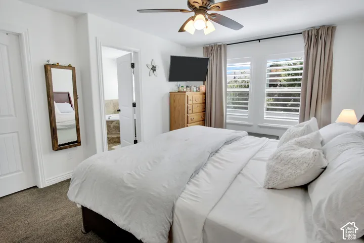 Recessed lighting, ceiling fan with integrated light, carpet flooring, and white interior doors