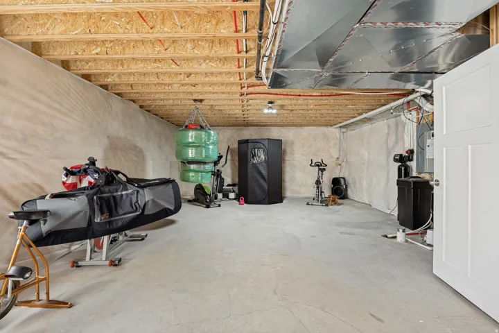 Unfinished lower level with concrete flooring, exposed ceiling joists, and a utility area featuring a water softener system