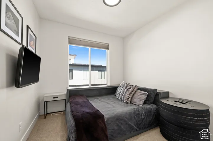 Second bedroom with wall-mounted television, large window with roller shade, light-colored carpeting, and flush-mount ceiling light fixture