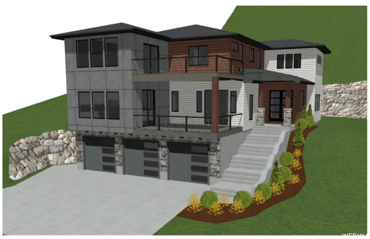 Modern exterior featuring mixed materials including vertical siding and stone accents