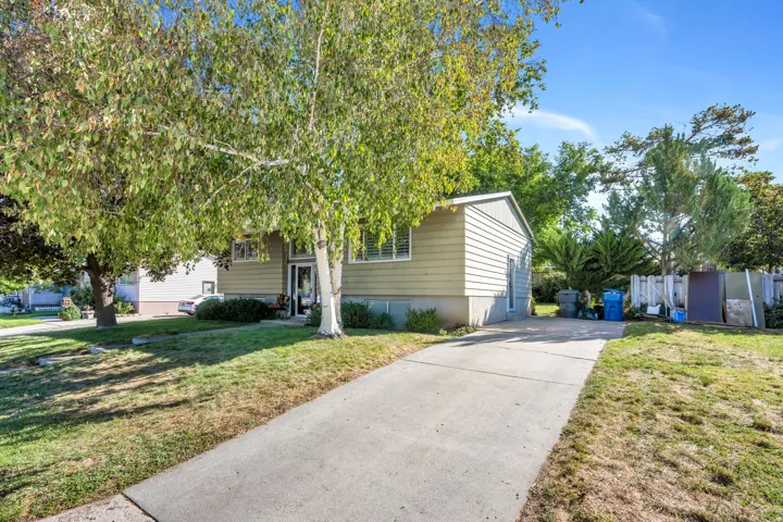 Siding exterior with mature trees and a concrete driveway