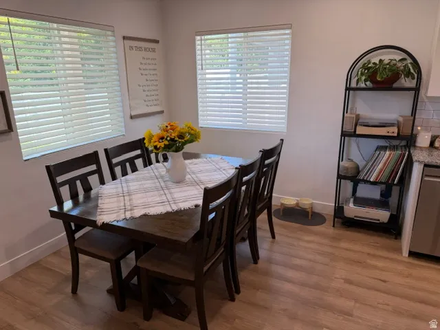 Wood-finish flooring, white walls, and multiple windows with blinds