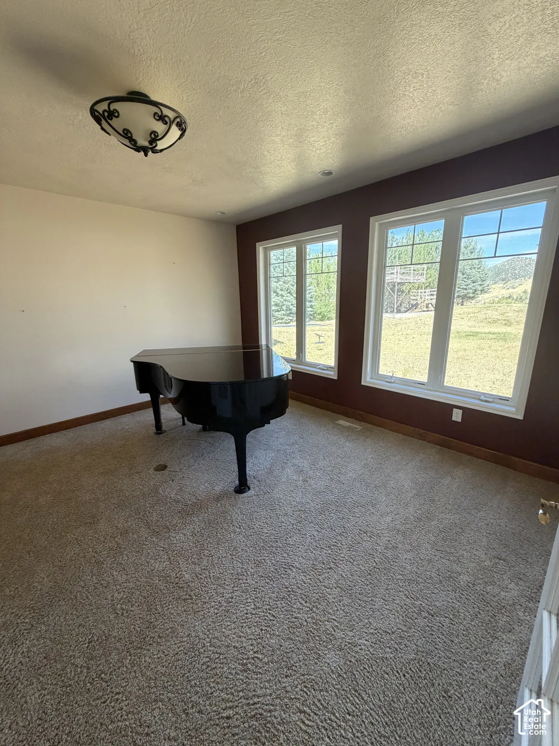 Recessed lighting, large windows, ceiling-mounted light fixture, light-toned carpeting, and wood trim