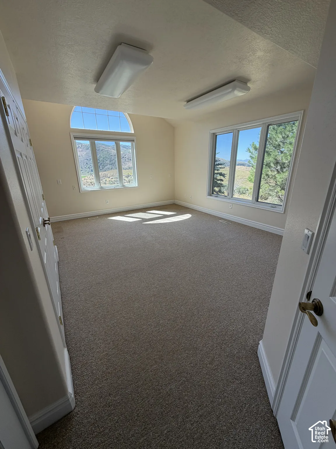 Carpeted room with a large arched window and a multi-pane window