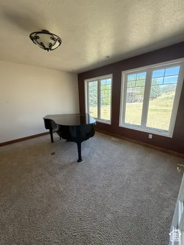 Recessed lighting, large windows, ceiling-mounted light fixture, light-toned carpeting, and wood trim