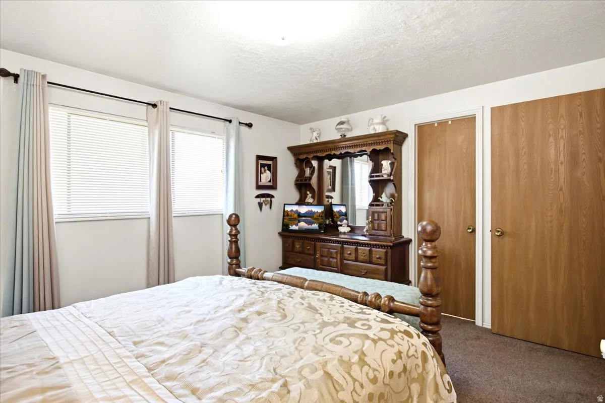 Two windows with blinds, wood-finish doors, and textured carpeting