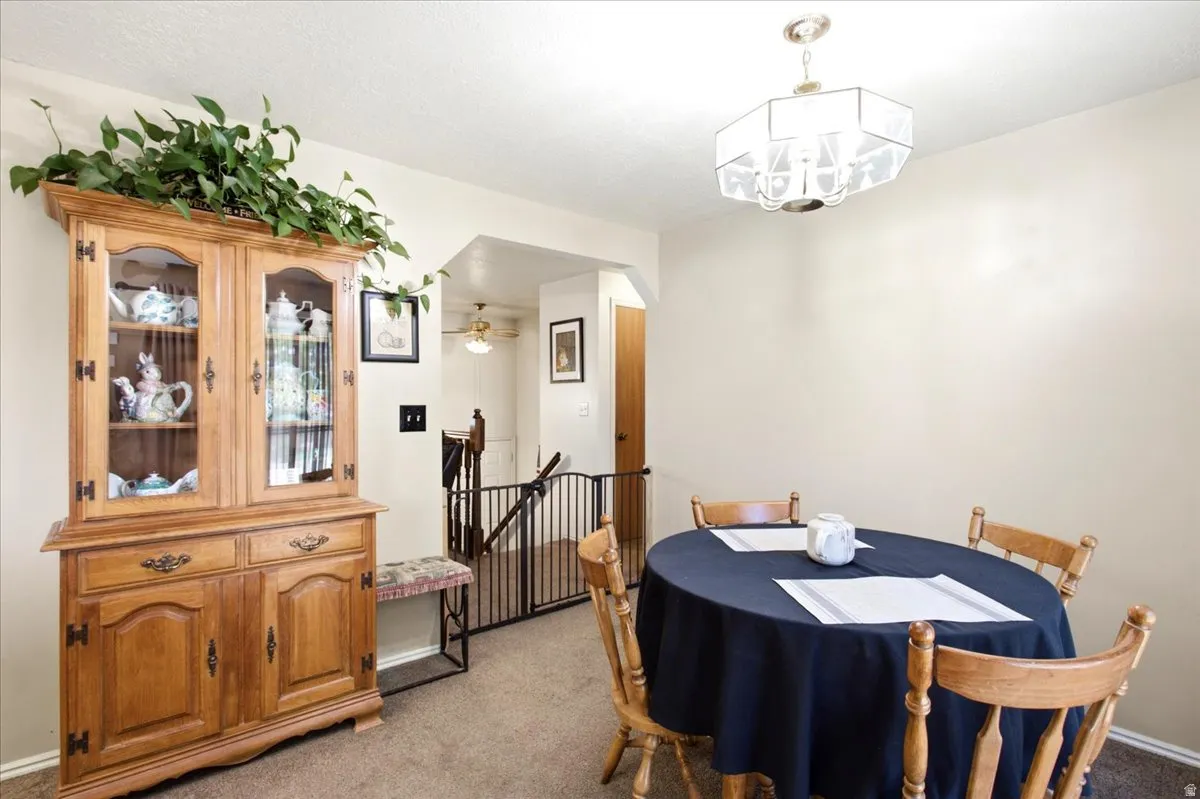 Recessed lighting, wall-to-wall carpeting, and a decorative ceiling fixture