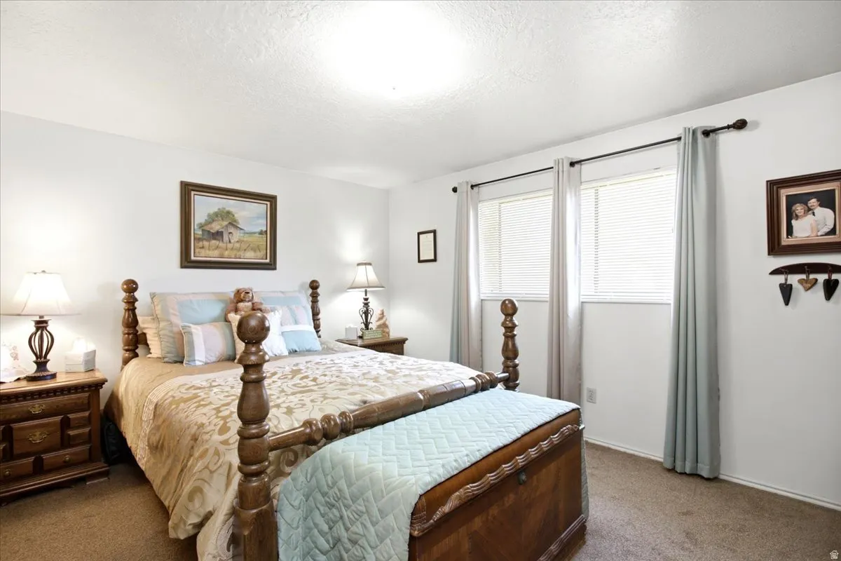Neutral wall paint, two windows with blinds, and carpeted flooring