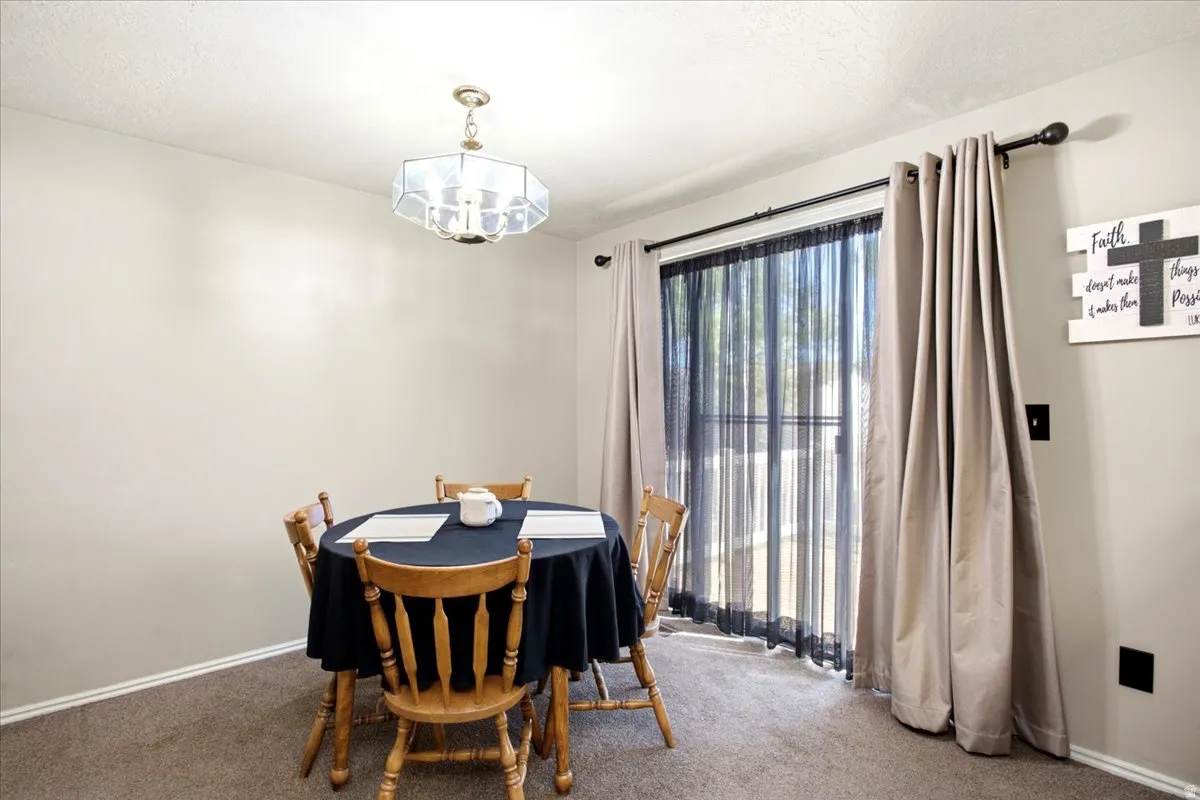 Ceiling-mounted light fixture, neutral wall color, and carpeted flooring