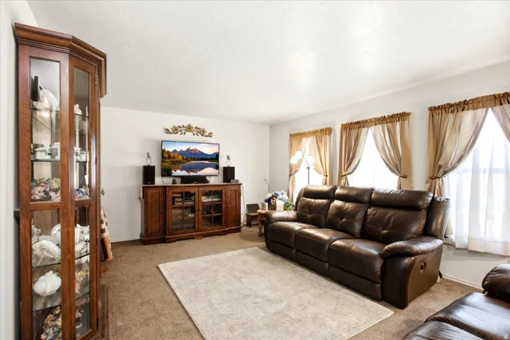 Carpeted flooring, white walls, and multiple windows with trim