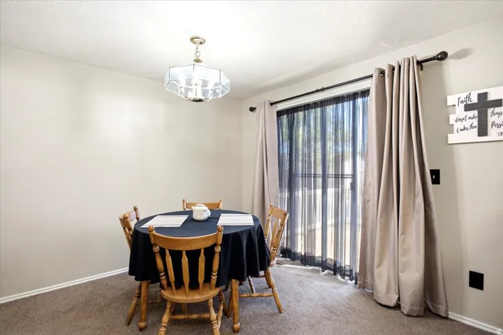Ceiling-mounted light fixture, neutral wall color, and carpeted flooring
