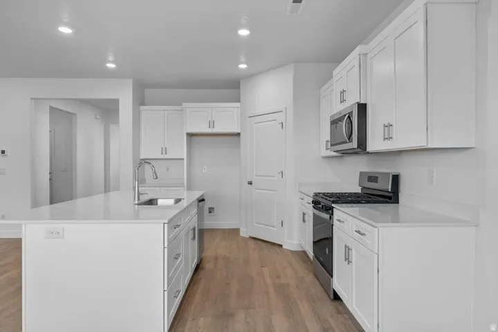 Recessed lighting illuminates the kitchen featuring white cabinetry, a large center island with an undermount sink, stainless steel appliances, and wood-finish flooring