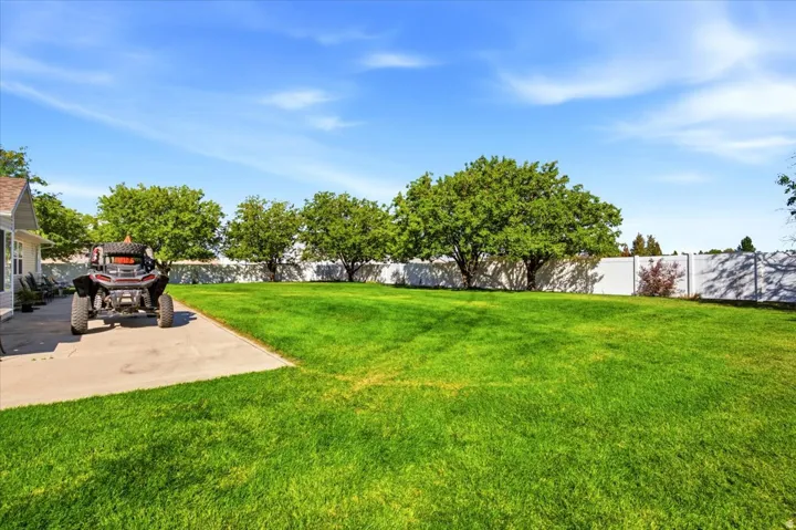 Expansive lawn with mature trees, a concrete patio, and perimeter fencing