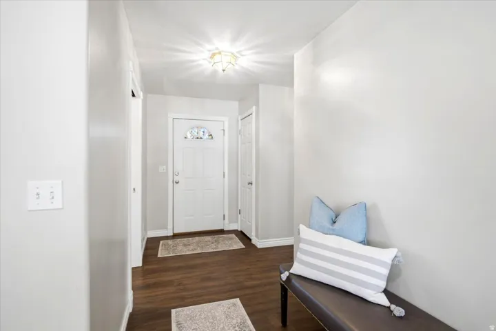 Entryway featuring wood-finish flooring, a white paneled door with decorative glass, and a flush-mount ceiling light fixture