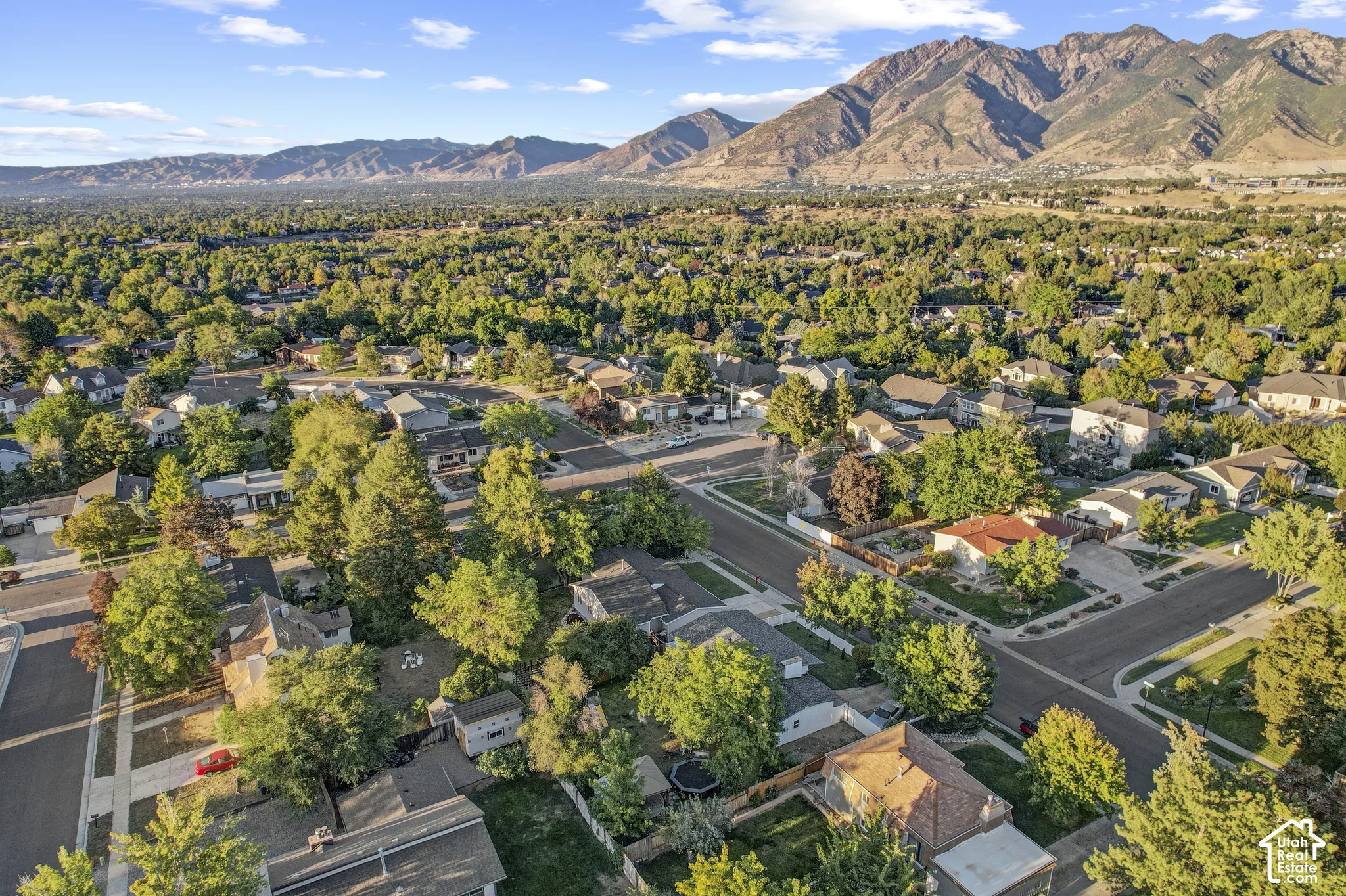 Residential neighborhood with established homes and mature trees, set against a backdrop of distant mountains