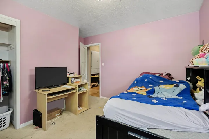 Carpeted room featuring a built-in closet with shelving, a light-colored wood finish desk, and a white interior door