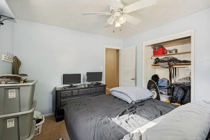 Ceiling fan with integrated lighting, built-in closet shelving, and a paneled interior door