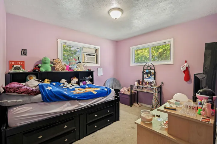 Room featuring two windows, a ceiling-mounted light fixture, and textured walls
