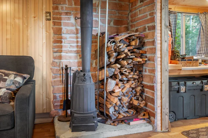 Exposed brick wall with a wood-burning stove on a concrete hearth