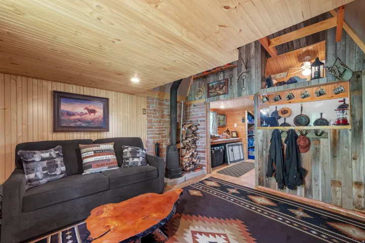 Wood-paneled walls and ceiling