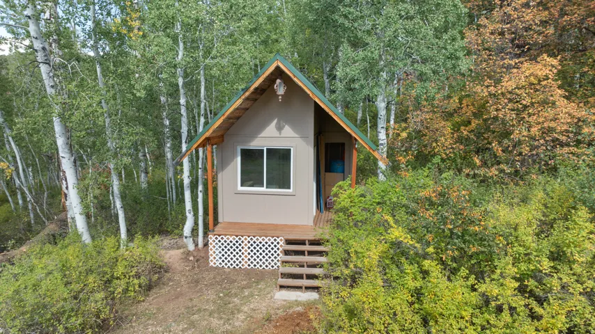 Compact dwelling with a gabled roof and a covered porch