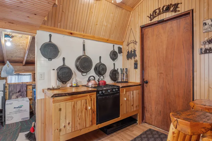 Wood-paneled interior with vaulted ceilings, a wood-finish countertop, a black freestanding range, and natural wood cabinetry