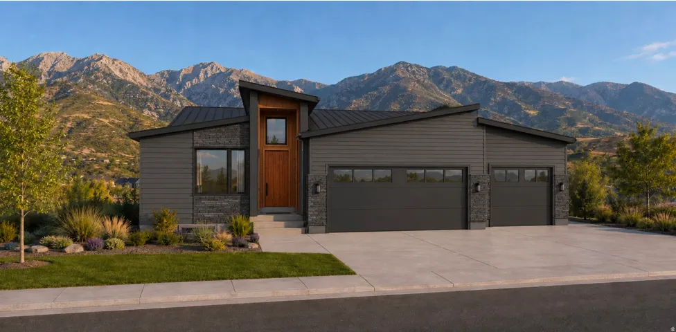 Contemporary exterior with a wood-finish entry door, stone accents, horizontal siding, and multiple garage doors