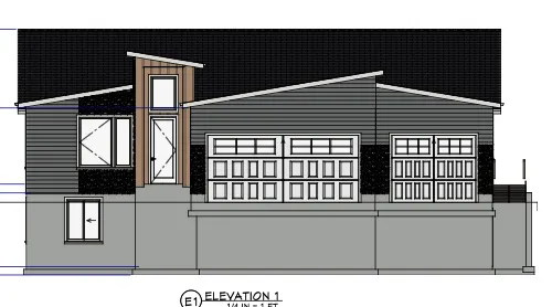 Architectural Drawing, Elevation 1. Displaying the front facade of the property with a 1/4 inch = 1 foot scale indication