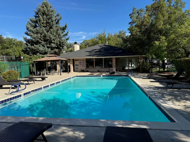 Outdoor swimming pool with surrounding concrete decking, a gazebo, and mature landscaping