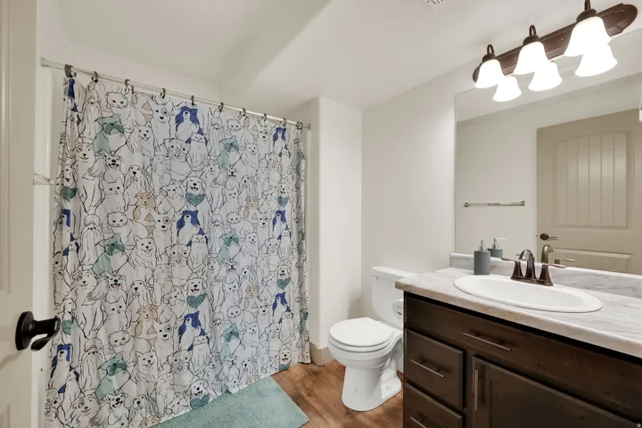 Wood-finish flooring, dark wood-finish vanity with white sink, neutral countertop, and a vanity mirror with overhead lighting